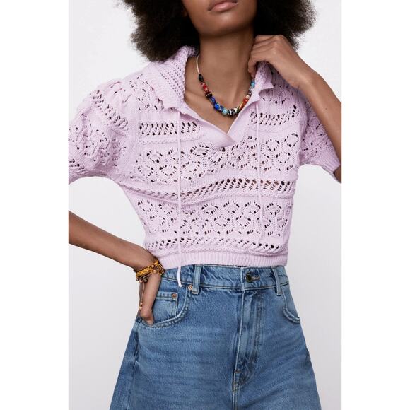 NEW Zara Pink Crochet Collared Tie Keyhole Open Knit Short Sleeve Sweater Top M - Picture 2 of 7